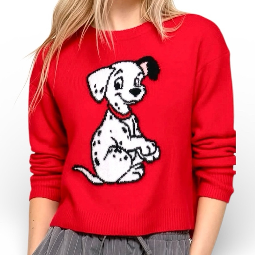 Dalmatian puppy front red crop soft knit pullover sweater- L